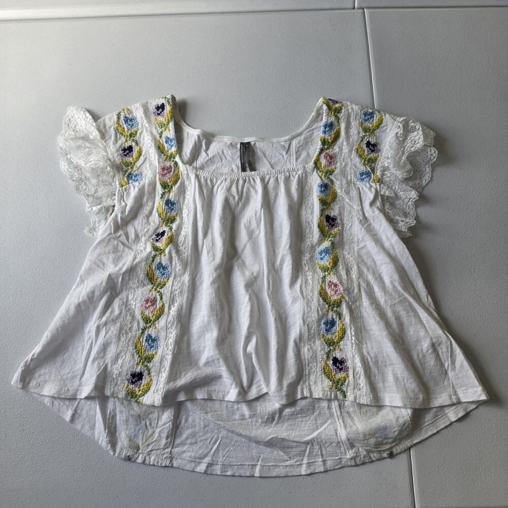 Anthropologie Tunic Blouse Womens Small White Embroidered Lace Flutter Boho Top